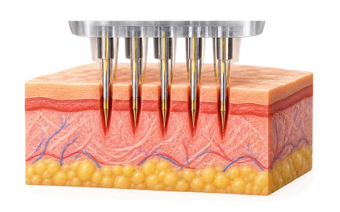 Gentlo RF microneedling showing fine needles entering the skin